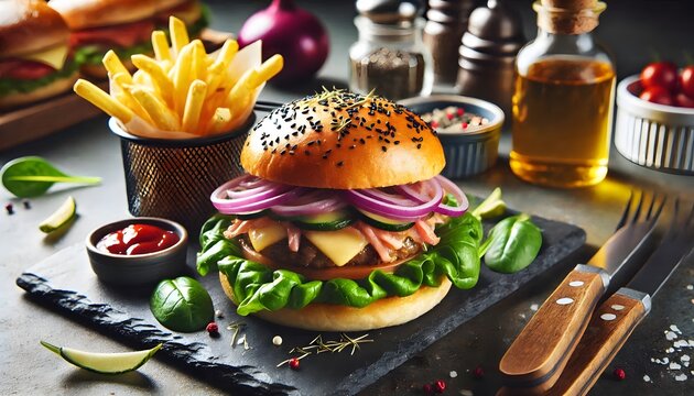 Delicious Gourmet Burger with Fresh Ingredients
