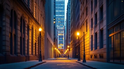 Obraz premium evening city street urban alleyway at dusk