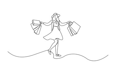 Continuous one single line drawing Woman with shopping bag, Continuous one line drawing of young woman Carrying shopping bag. Happy shopping and sale concept.