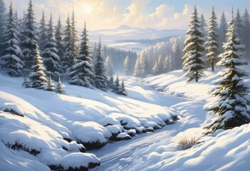 stunning natural landscapes coated pristine snow showcasing captivating beauty essence tranquility, winter, trees, scenery, icy, blue, sky, sunset