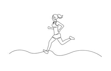 Continuous single drawn one line girl on a run, single continuous line drawing of a young woman athlete running fast.Sport running woman concept of sports, fitness, athletics, running.