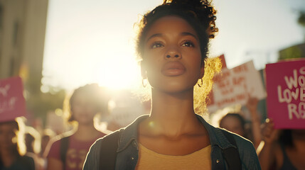 Woman in protest for social justice, sunlight.