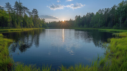 Sunset over a serene lake surrounded by lush forest.