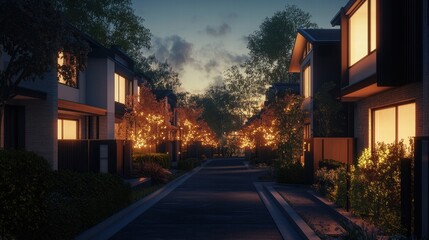 Fototapeta premium evening street scene of modern townhouses