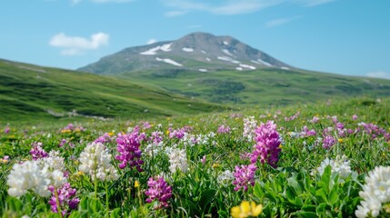 Obraz premium Colorful wildflowers bloom in a lush green alpine meadow with a mountain peak under a clear blue sky.