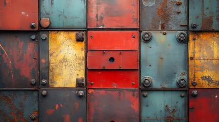 Rusted Metal Panels Form Abstract Colorful Wall