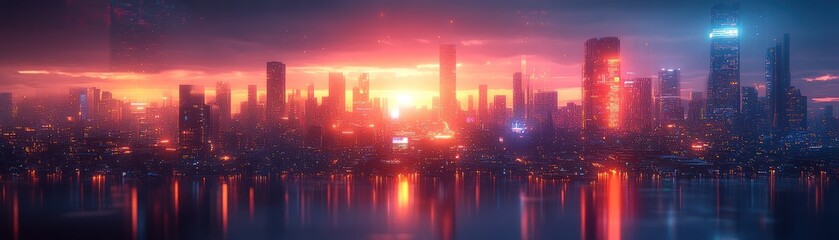 Futuristic city skyline at sunset, reflecting in calm water.