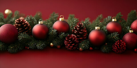 Naklejka premium Red Ornaments & Pine Cones Festive Decor