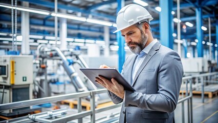 A man using a tablet to monitor the production process in a high-tech factory

