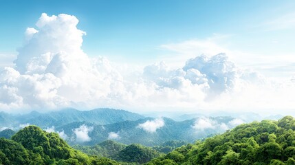 Lush green mountain range under a bright blue sky with fluffy clouds.
