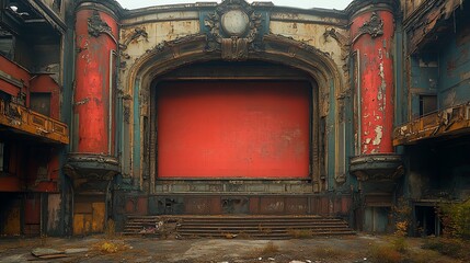 Obraz premium Ruined theater interior reveals decayed grandeur and red screen