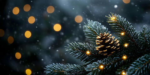 Winter Wonderland: Snowy Pine Branch with Golden Pinecone and Lights