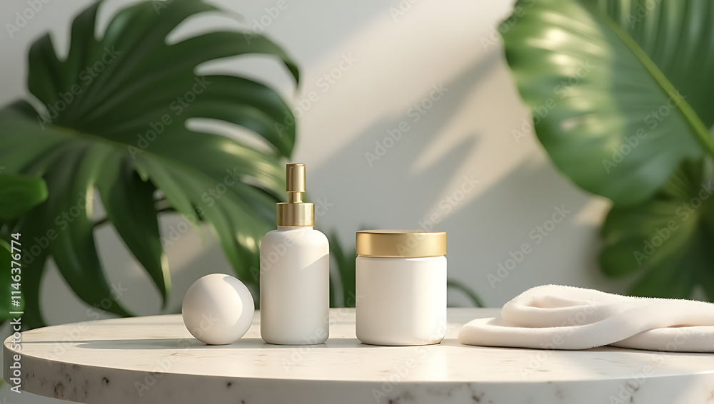 Poster Nature product display features a marble table counter against a palm leaf colored backdrop in selective focus._00003_