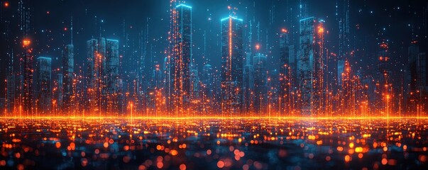 Fototapeta premium Holographic digital cityscape with glowing futuristic skyscrapers and illuminated landscape