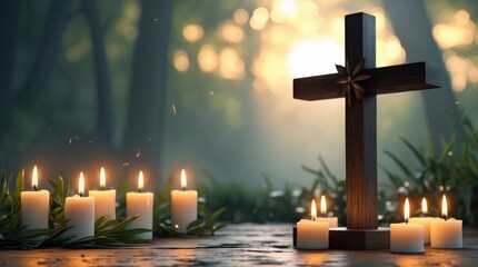 Fototapeta premium Reflective cross memorial with candles serene forest setting inspirational image peaceful atmosphere spiritual concept