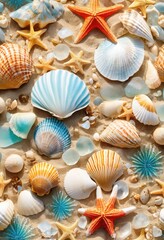 arrangement vibrant seashells sunlit shoreline creating colorful coastal scene, beach, sand, sunlight, ocean, tide, marine, collection, decorative