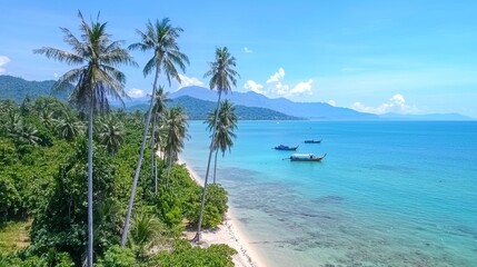 The unspoiled sands of a tropical island paradise are kissed by translucent turquoise waters.