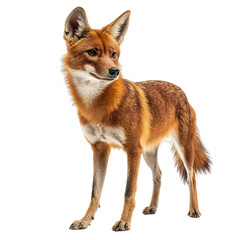 Fototapeta premium Angled view full body shot of extremely perfect looking single Dhole animal isolated on a white transparent background