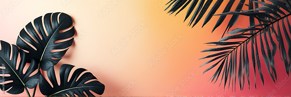 Poster Monstera leaves in black and white create a striking design element when placed on a colorful background for decoration purposes._00001_