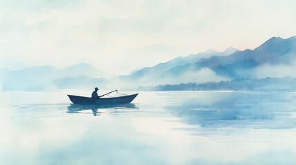 A serene watercolor scene of a lone fisherman in a boat on a tranquil lake surrounded by mountains.