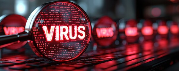 Magnifying Glass Illuminating the Word Virus in Red Over Digital Code