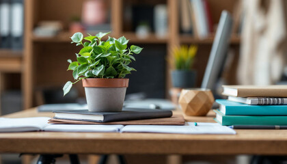 A desk with a potted plant, books, and office supplies, with a blurred background, Group of business people working, discussing business strategy at office desk.