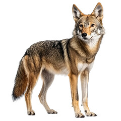 Fototapeta premium Angled view full body shot of extremely perfect looking single Desert Wolf animal isolated on a white transparent background