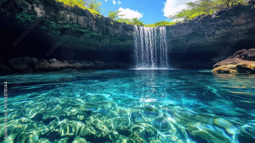 Aufkleber a serene waterfall cascading into a clear turquoise pool surrounded by lush greenery.