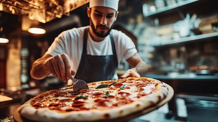 Professional chef slicing pepperoni pizza with a pizza cutter in commercial kitchen