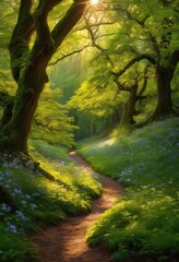 Naklejka premium enchanting forest paths unveiling hidden wonders nestled amongst majestic trees lush greenery, nature, trails, light, shadow, plants, leaves, exploration