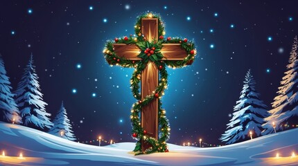 Christmas cross with holiday decorations in winter wonderland festive scene snowy night inspirational concept