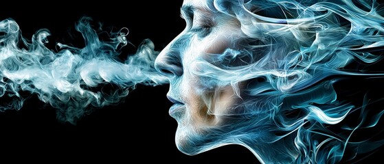 Mystical smoke emission from face artistic portrait surreal environment close-up perspective concept of breath