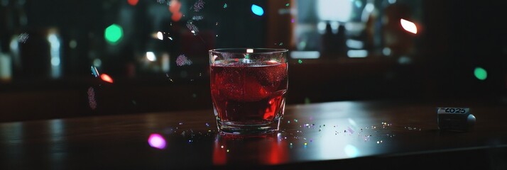 Red cocktail in a rocks glass on a bar top with colorful confetti.