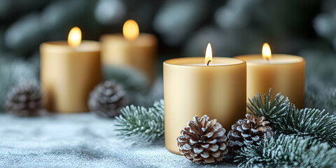 Golden Candles Glow Brightly with Winter Cones