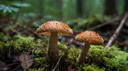 Fototapeta premium small inedible mushrooms, poisonous mushrooms forest background macro nature wild 