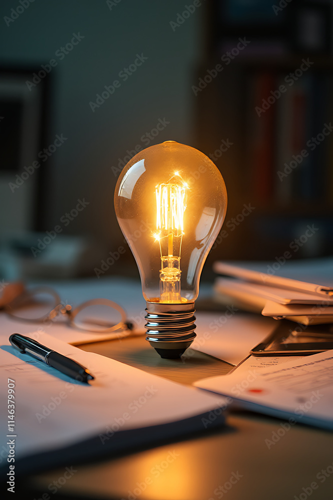 Poster light bulb on a cluttered desk sparks creativity for marketing solutions through brainstorming and i