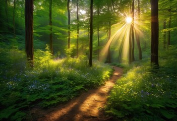 Obraz premium luminous sunlight filtering through lush green canopy dense forest creating magical visual experience, glow, rays, illumination, brightness, greenery