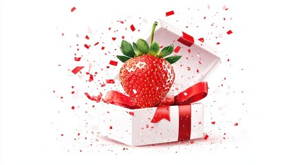 A large strawberry emerges from an open gift box with a red ribbon, surrounded by red confetti. This creative and visually appealing image uniquely combines the concepts of a gift and a strawberry.