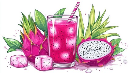 A colorful vector illustration of a glass of pink dragon fruit juice with a straw, surrounded by whole and sliced dragon fruits, green leaves, and ice cubes. The image is refreshing and vibrant.