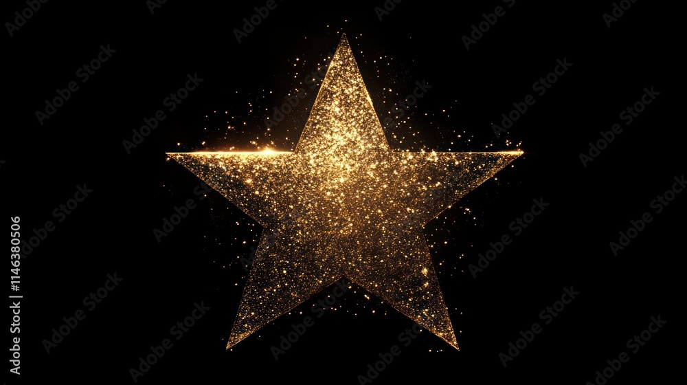 Poster a shimmering golden star with sparkling effects on a black background.