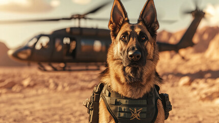 German Shepherd wearing tactical vest stands alert in desert setting with helicopter in background, evoking sense of duty and readiness