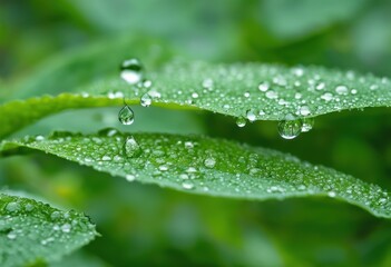 detailed close water droplets from rain snow accumulated green leaves capturing natural beauty, botanical, landscape, moisture, nature, outdoor, plants