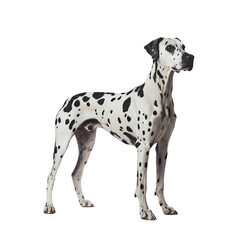 Angled view full body shot of extremely perfect looking single Dalmador animal isolated on a white transparent background