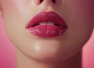 Naklejka premium Close up lips of woman with pink lipstick on lips