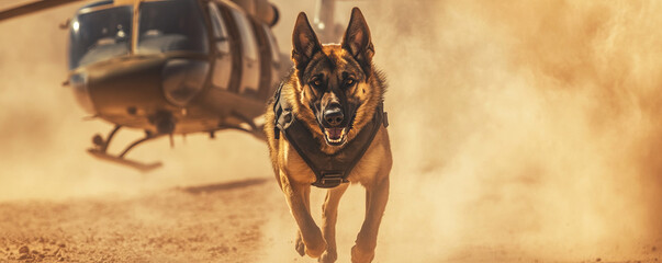 German Shepherd wearing harness runs through dusty environment with helicopter in background, evoking sense of action and urgency
