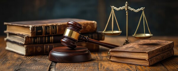 Gavel, scales, and old law books on wooden table.