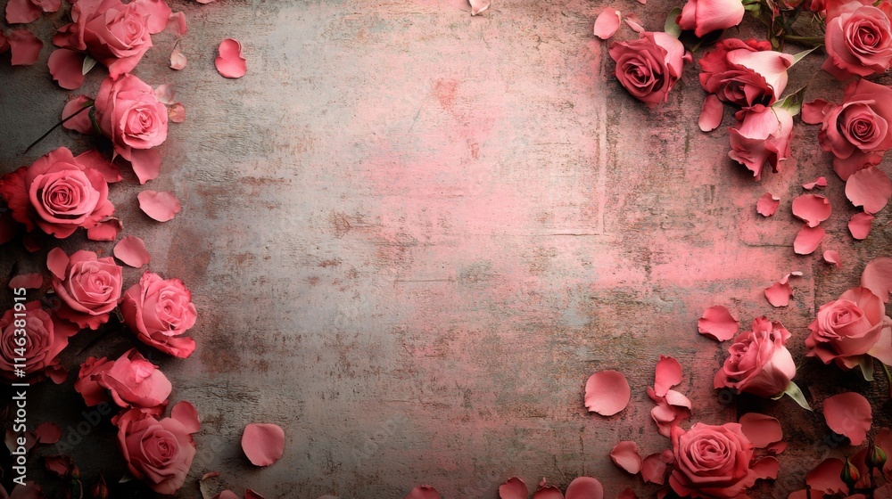 Poster colorful pink roses and scattered rose petals form a beautiful border around a softly textured surfa