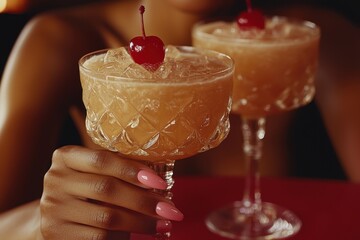 Elegant cocktails served in crystal glasses with cherries and distinct presentation