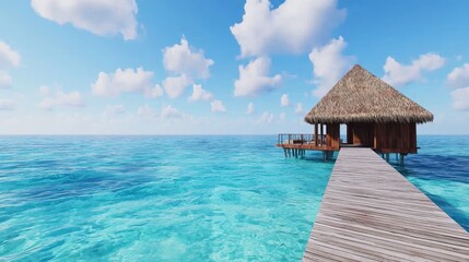 A bungalow made of wood rests on stilts above the clear turquoise water, with a wooden walkway connecting it to the shore. The water is shallow and clear, showing the sandy bottom below.