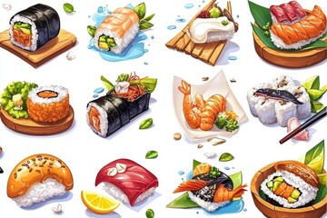 Sushi delicacies display culinary art food photography vibrant atmosphere overhead view asian cuisine